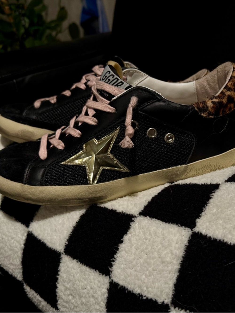 Golden Goose Black Leather Sneakers with Silver Star and Pink Laces